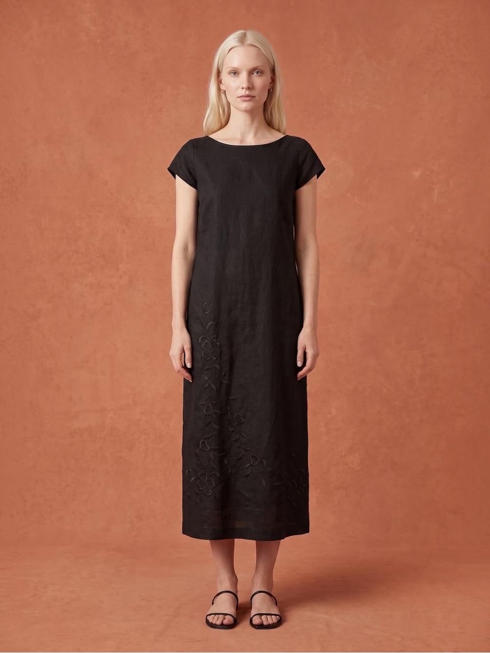 Vintage 1990s Linen Dress | Black Cap-Sleeve Embroidered Midi Dress